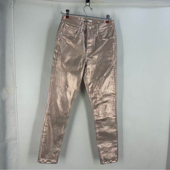 GRLFRND NEW! Sz 25 Pink Champagne Shiny Buttonfly Karolina Straight Leg Jeans - Picture 1 of 11
